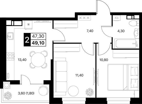 Планировка 2-комн 49,1, 49,5 м²