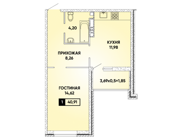 Планировка 1-комн 40,91 м²