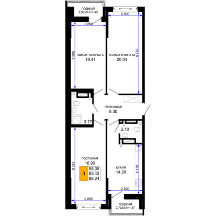 Планировка 3-комн 86,24 м²