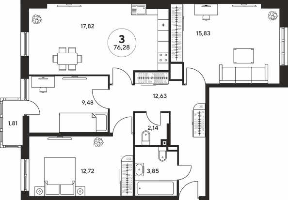 Планировка 3-комн 75,94 - 76,28 м²