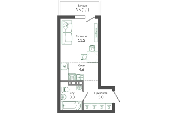 Планировка 1-комн 25,7 м²