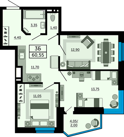 Планировка 3-комн 60,55 м²