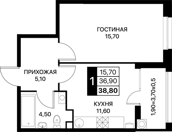 Планировка 1-комн 38,8 м²