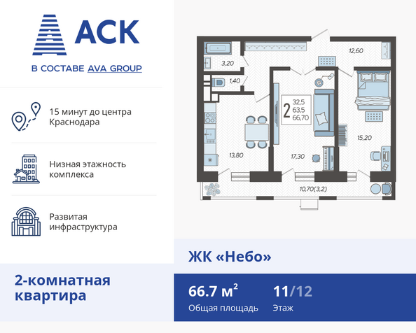 Планировка 2-комн 66,7 м²