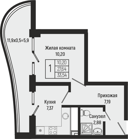 Планировка 1-комн 33,54 м²