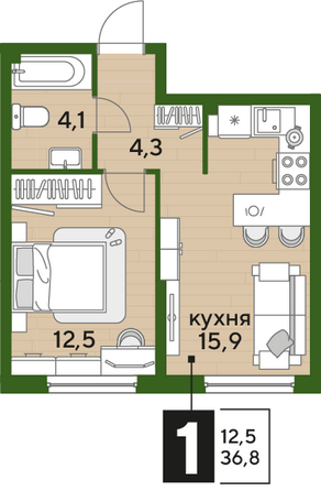 Планировка 1-комн 36,8 м²