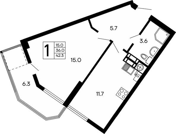 Планировка 1-комн 42,3 м²