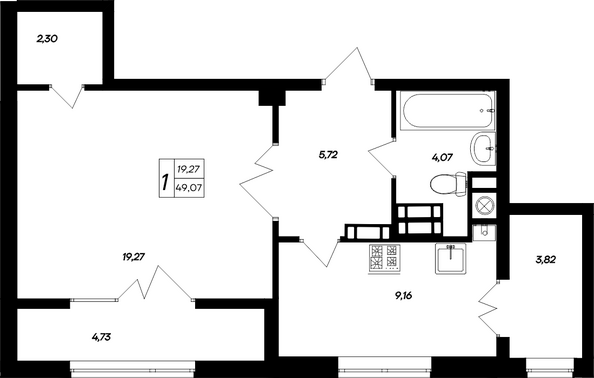 Планировка 1-комн 49,07 - 49,37 м²