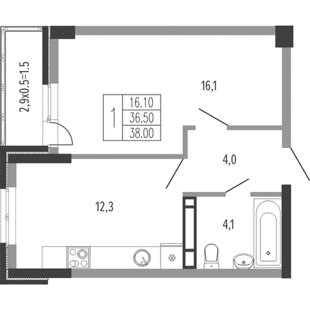 Планировка 1-комн 38 м²