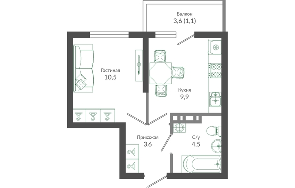 Планировка 1-комн 29,6 м²