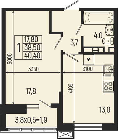 Планировка 1-комн 40,4 м²