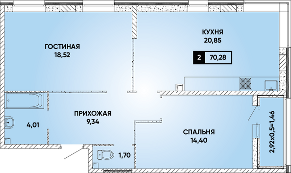 Планировка 2-комн 70,28 м²