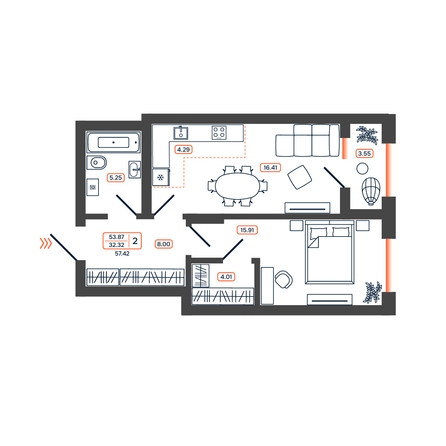 Планировка 2-комн 57,42 - 57,94 м²