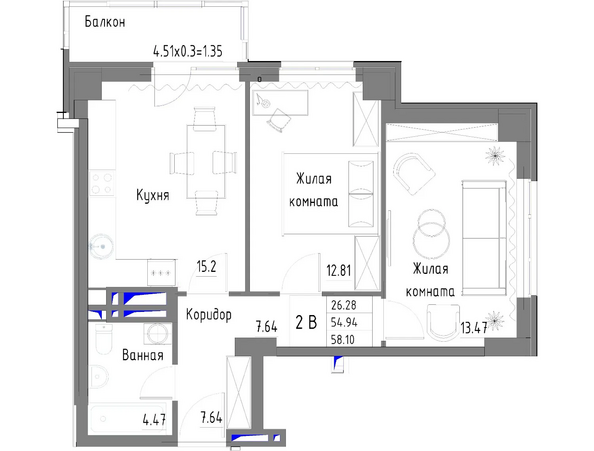 Планировка 2-комн 58,1 м²