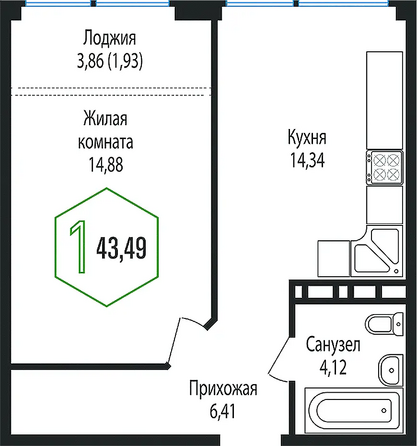 Планировка 1-комн 43,49 м²