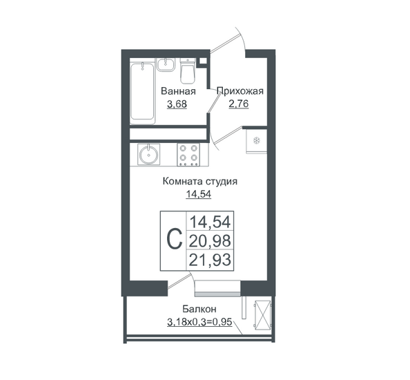 Планировка Студия 21,92 м²