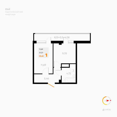 Планировка 1-комн 35,65 м²