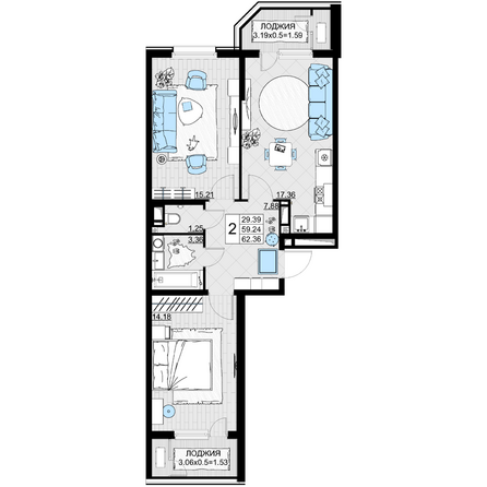 Планировка 2-комн 62,36 м²