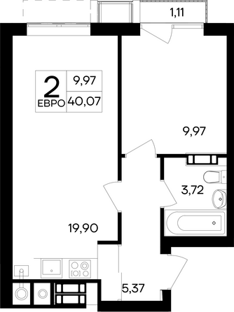 Планировка 1-комн 40,07, 40,73 м²
