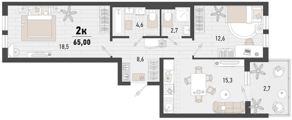 Планировка 2-комн 65 м²