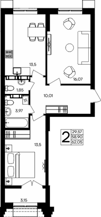 Планировка 2-комн 62,05 м²