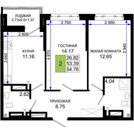 Планировка 2-комн 54,76 м²