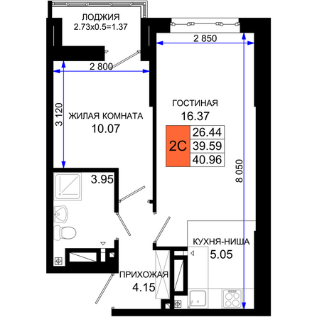 Планировка 1-комн 40,96 м²