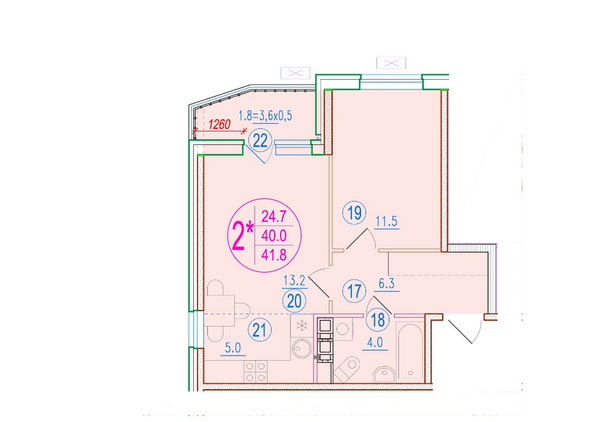 Планировка 2-комн 41,8 м²