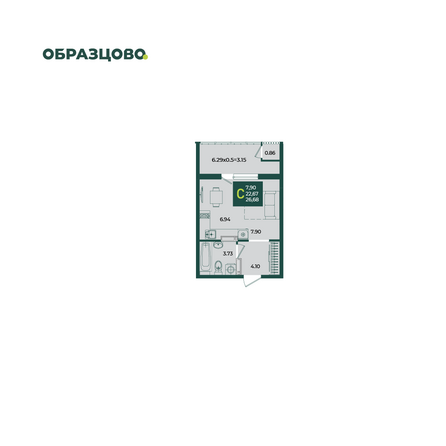 Планировка Студия 26,68 м²