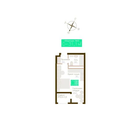 Планировка Студия 29,6, 30 м²