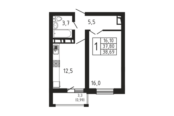 Планировка 1-комн 38,69 м²