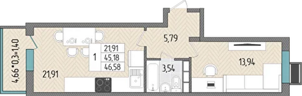 Планировка 1-комн 46,58 м²