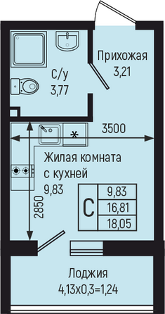 Планировка Студия 18,05 м²