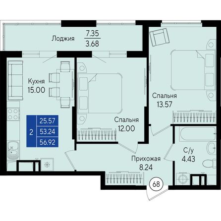 Планировка 2-комн 56,91 м²