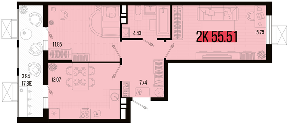 Планировка 2-комн 55,51 м²