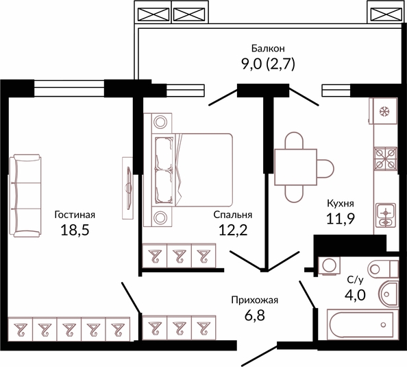 Планировка 2-комн 56,1 м²