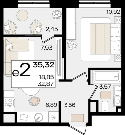 Планировка 2-комн 35,32 м²