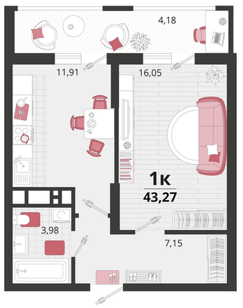 Планировка 1-комн 43,27 м²