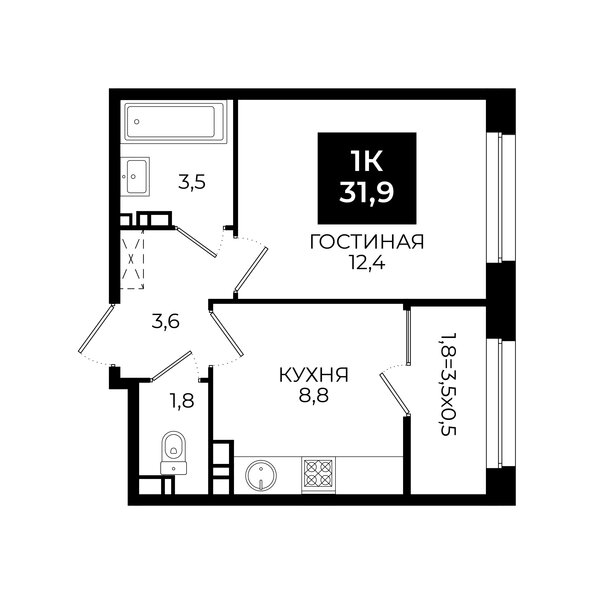 Планировка 1-комн 31,9 м²