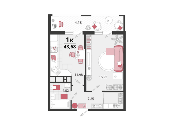 Планировка 2-комн 43,68 м²