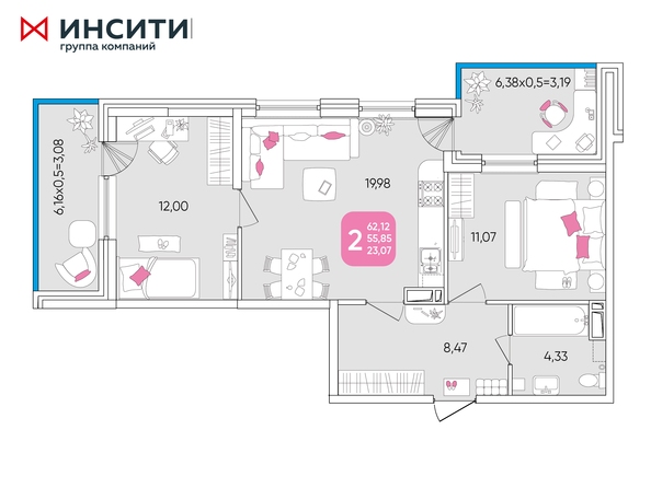 Планировка 2-комн 62,12 м²