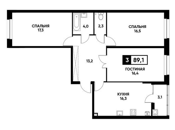 Планировка 3-комн 89,1 м²