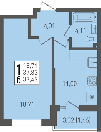 Планировка 1-комн 39,49 м²