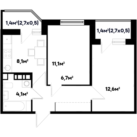 Планировка 2-комн 45,4 м²