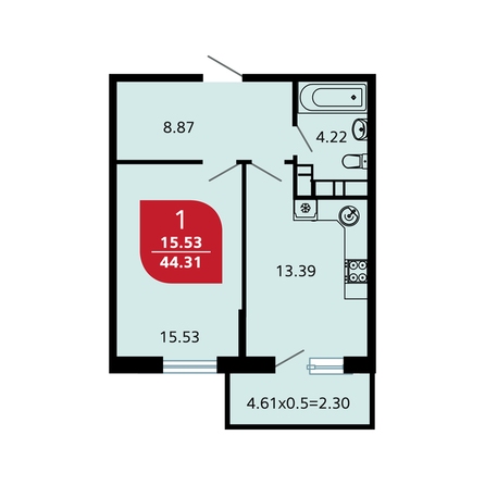 Планировка 1-комн 44,31 м²