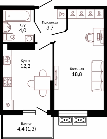 Планировка 1-комн 40,1 м²