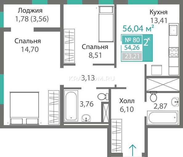 Планировка 2-комн 54,26, 54,3 м²