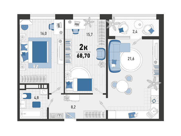 Планировка 2-комн 68,7 м²