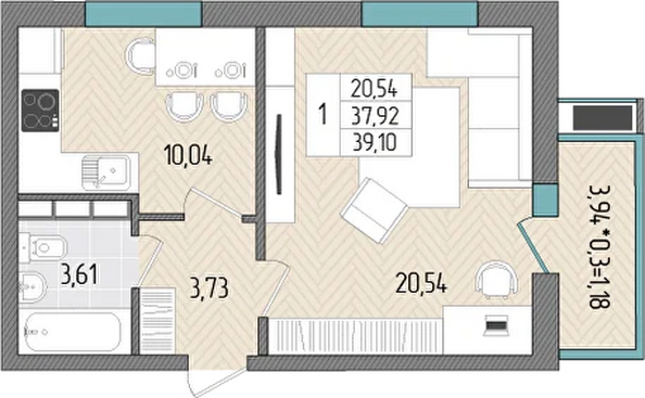 Планировка 1-комн 39,1 м²