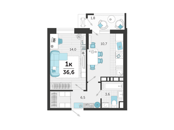 Планировка 1-комн 36,3 - 36,7 м²